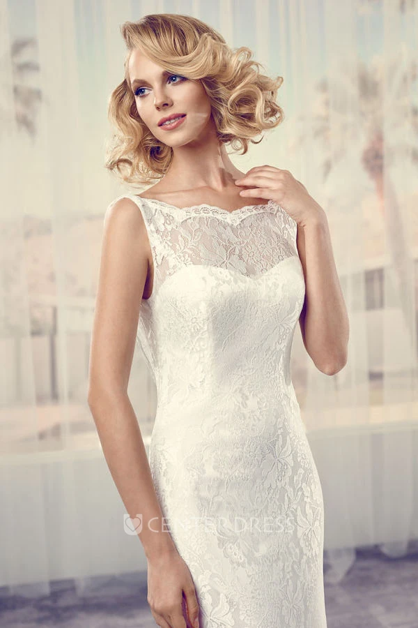 Maxi Bateau Jeweled Lace Wedding Dress With Sweep Train And V Back