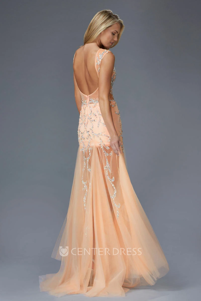 A-Line Maxi Scoop-Neck Sleeveless Tulle Low-V Back Dress With Beading