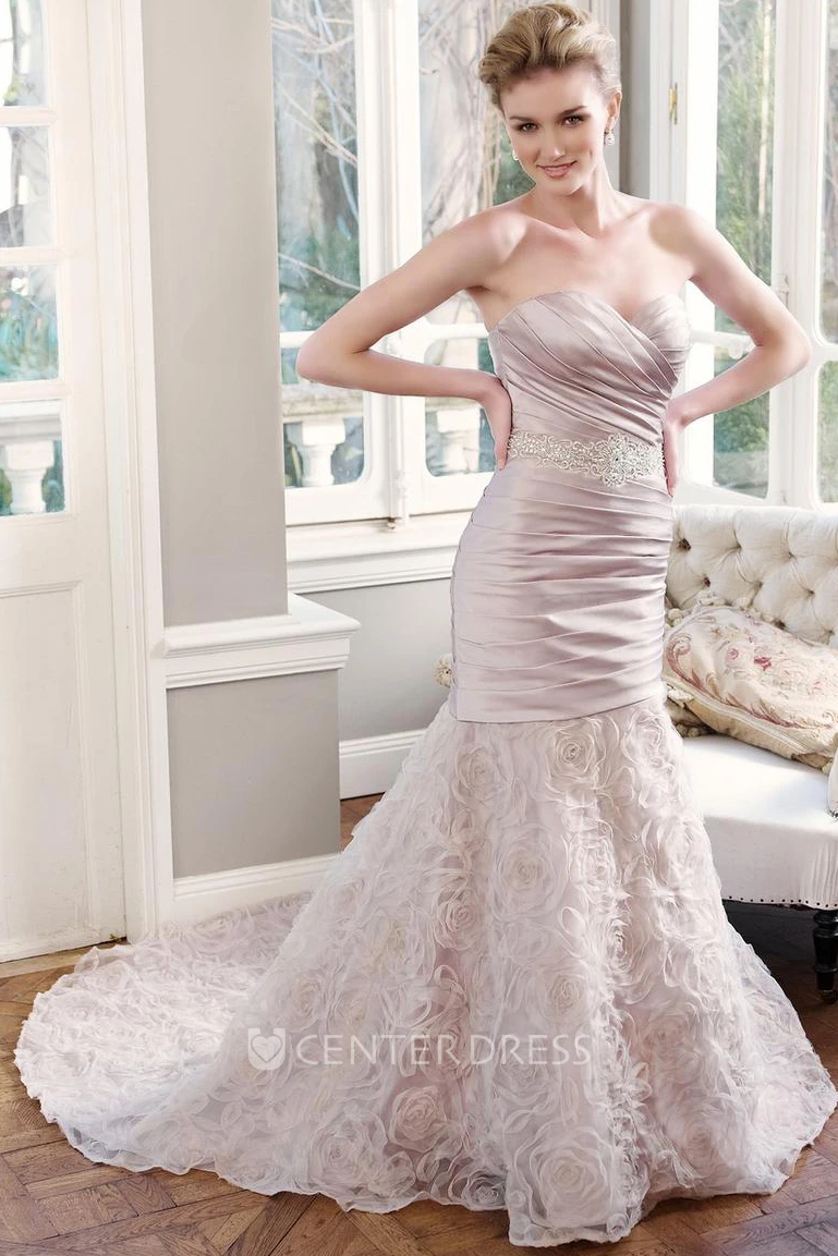 Sheath Sweetheart Criss-Cross Floor-Length Sleeveless Wedding Dress With Waist Jewellery And Ruffles