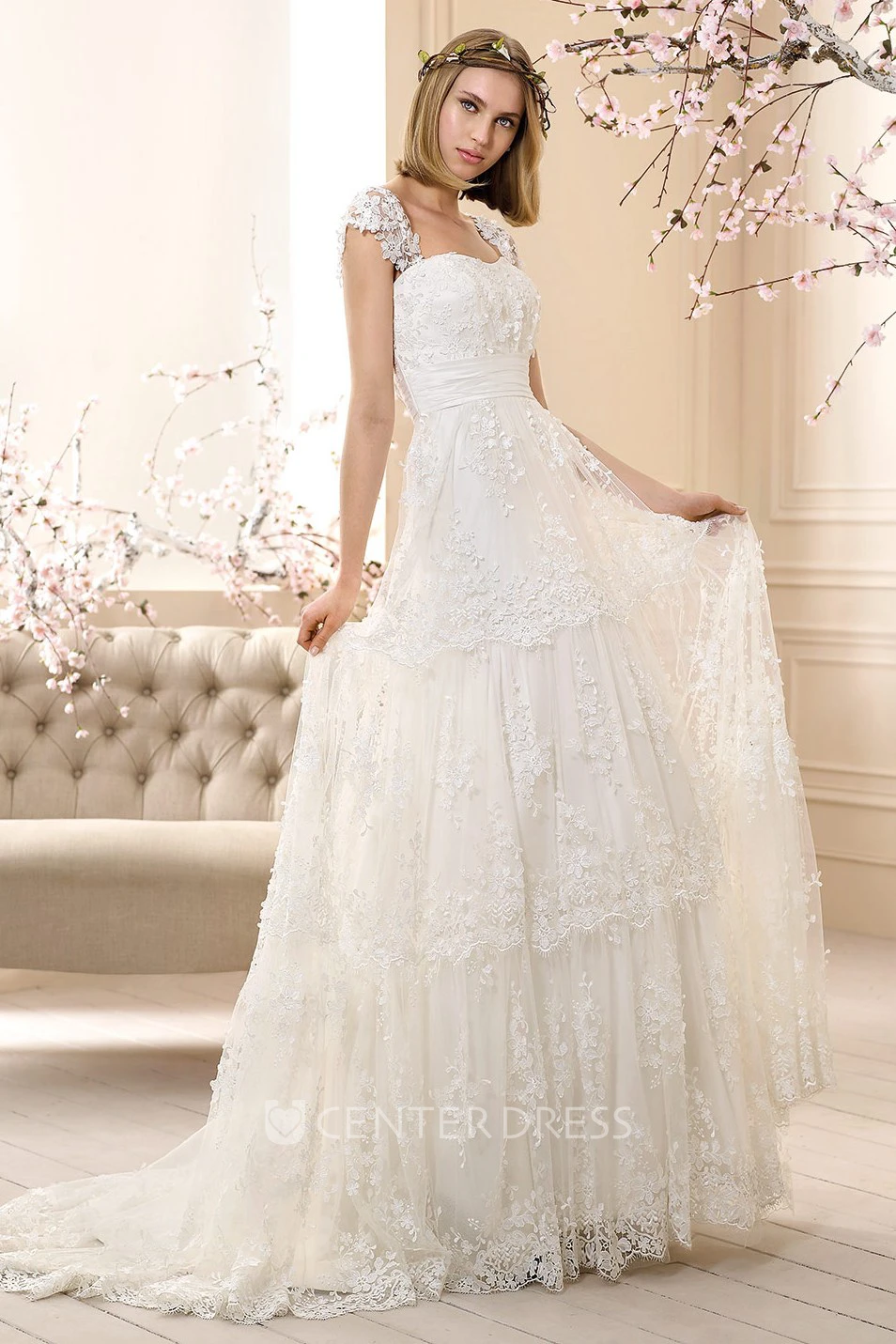 Sheath Long Cap-Sleeve Appliqued Lace Wedding Dress With Pleats