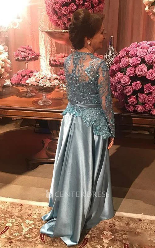 Romantic Long Sleeve Floor-length Satin A Line Mother of the Bride Dress with Appliques