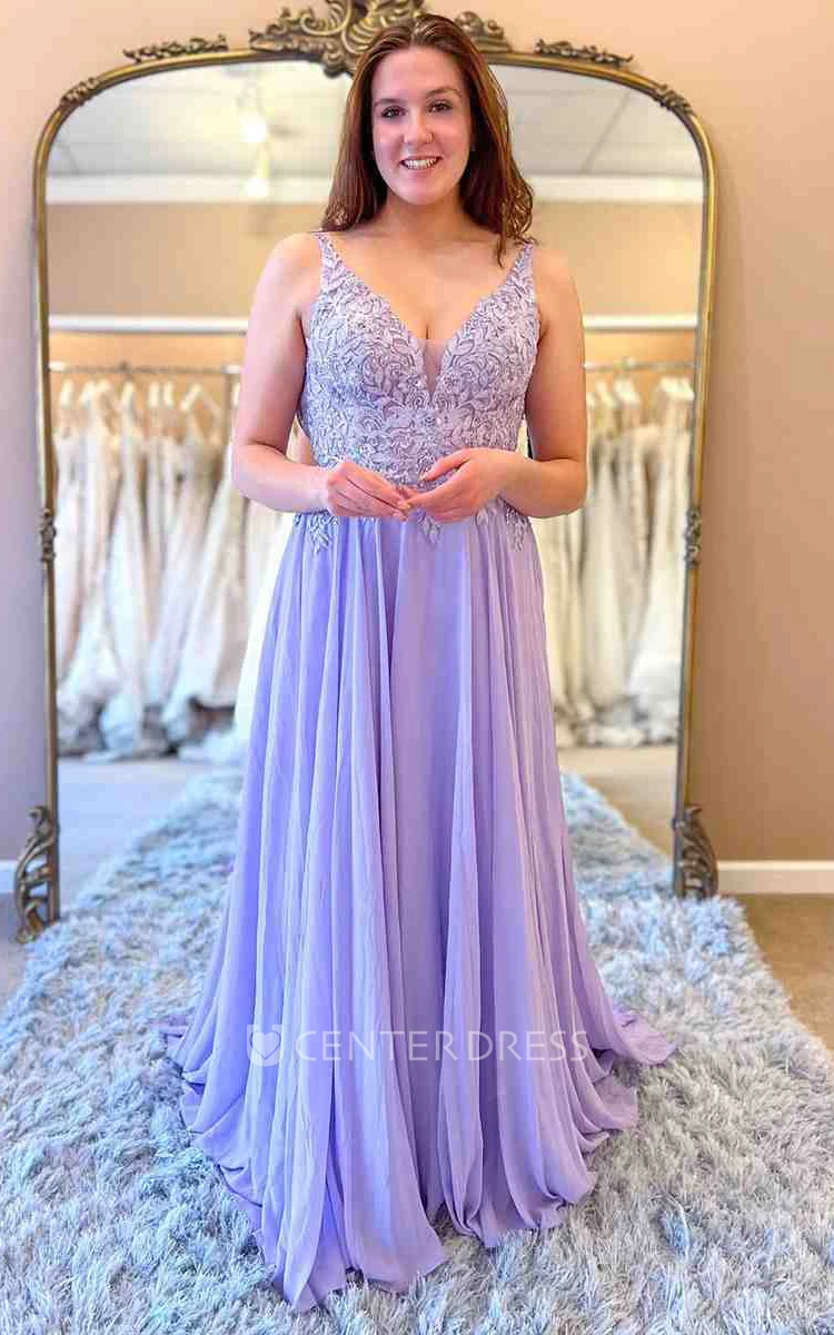 V-neck A-Line Simple Beach Chiffon Prom Dress With Appliques And Low-V Back