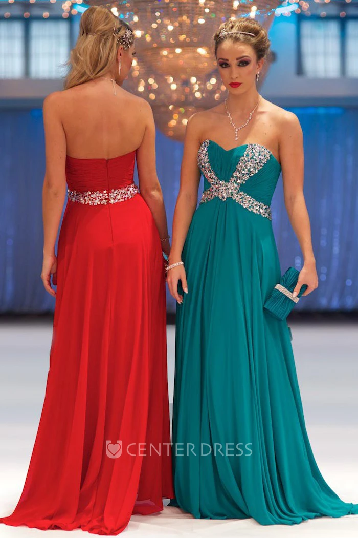 Sheath Sleeveless Sweetheart Empire Floor-Length Beaded Chiffon Prom Dress With Ruching