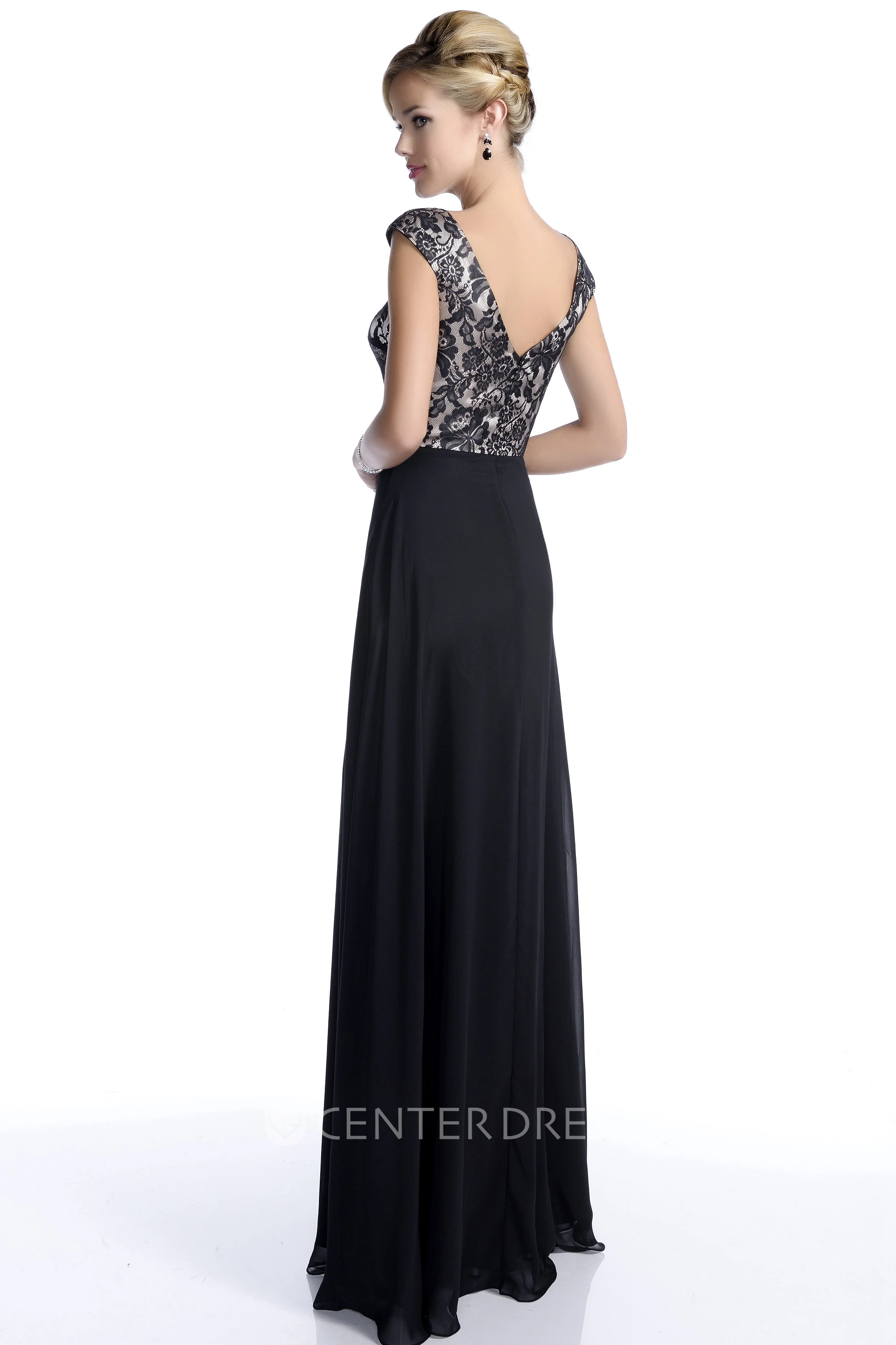 Cap Sleeve Lace And Chiffon Bridesmaid Dress With Bateau Neck And Low-V Back