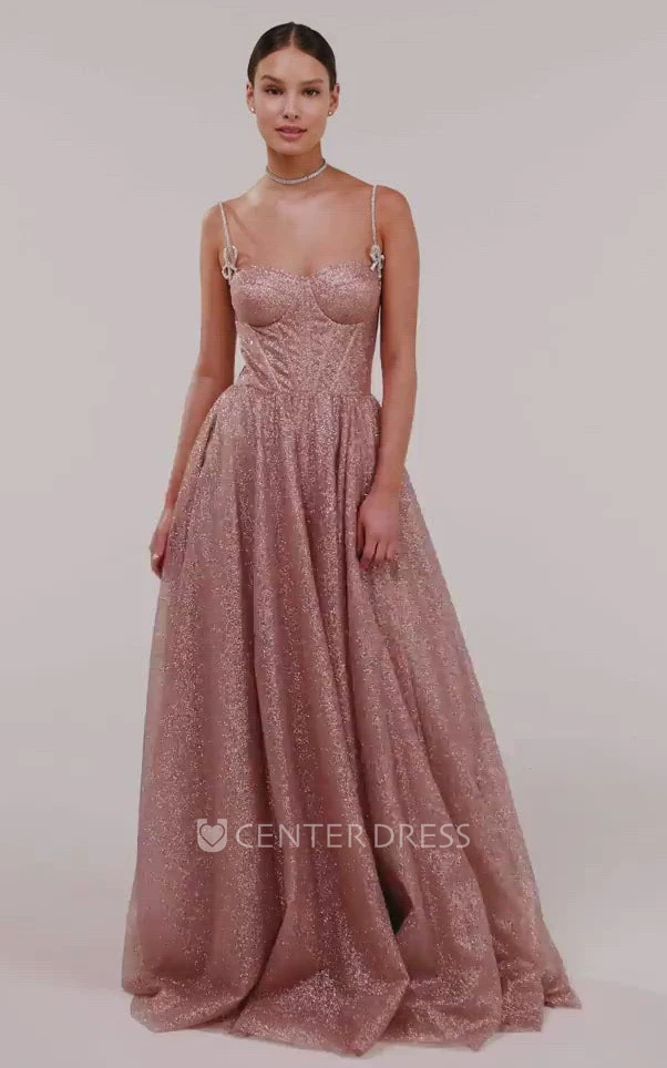 Sexy A-Line Spaghetti Sequins Evening Dress With Lace-up Back And Bow