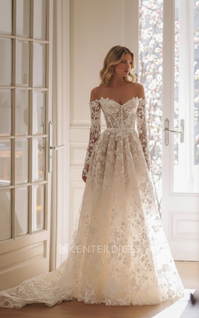 Classic Floral A-Line Lace Ballgown Princess Spring Wedding Dress Ethereal Sexy Sweetheart Neckline Off-the-Shoulder Long Sleeve Bridal Gown