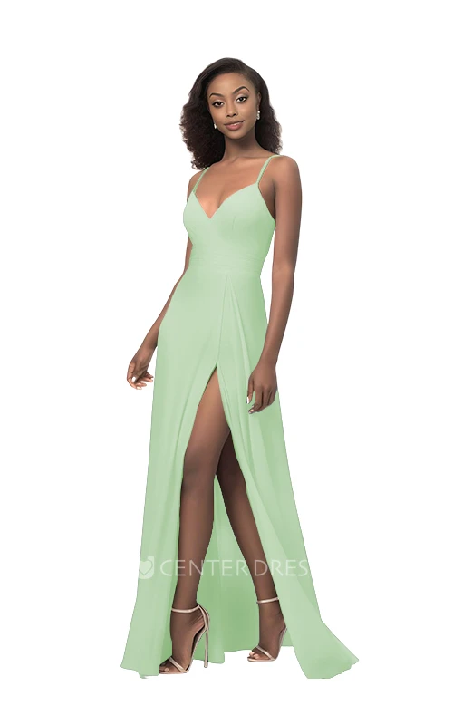 Spaghetti Chiffon A-Line Bridesmaid Dress with Front Split Sexy & Modern