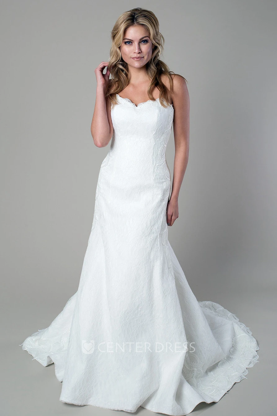 Sheath Sleeveless Floor-Length Strapless Lace Wedding Dress
