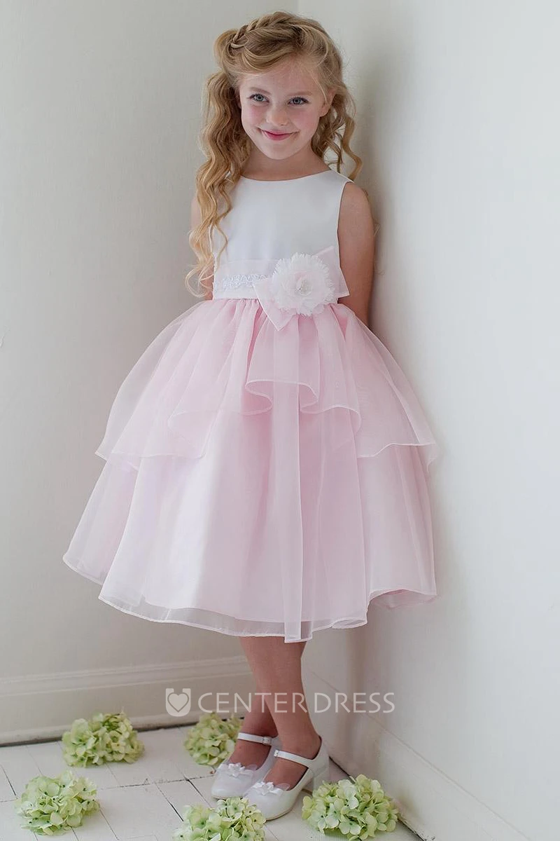 Floral Tea-Length Appliqued Bowed Lace&Organza Flower Girl Dress With Tiers
