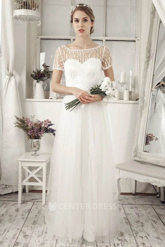 Scoop Neck Short Sleeve Beaded Tulle Wedding Dress