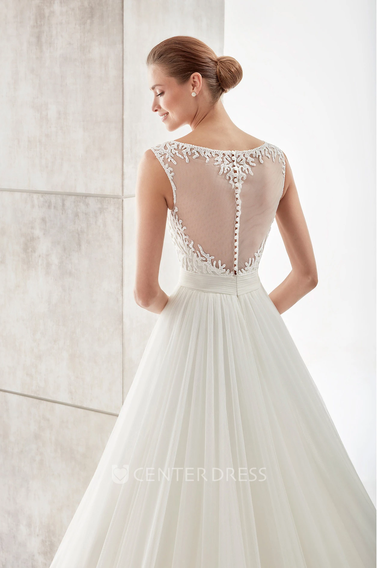 Jewel-Neck Cap-Sleeve A-Line Gown With Lace Bodice And Illusive Neckline And Back