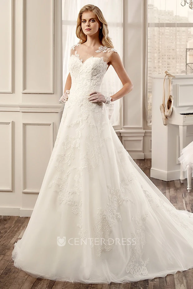 V-Neck A-Line Wedding Dress With Brush Train And Illusive Back
