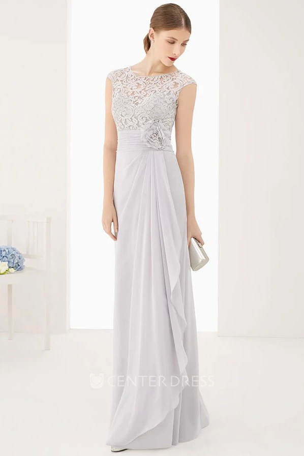 Lace Top Cap Sleeve Side Drape Chiffon Long Dress With Waist Flower