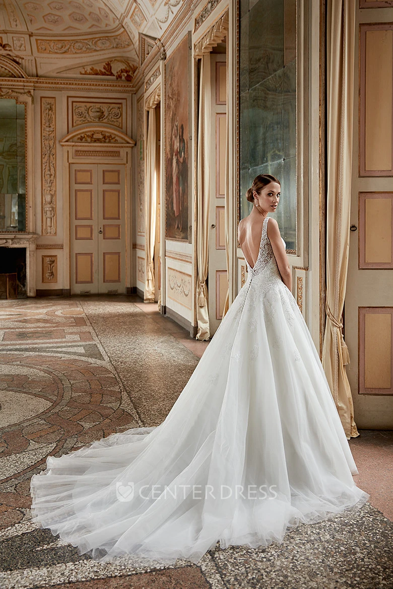 A-Line Appliqued Sleeveless V-Neck Floor-Length Tulle Wedding Dress With Ruffles
