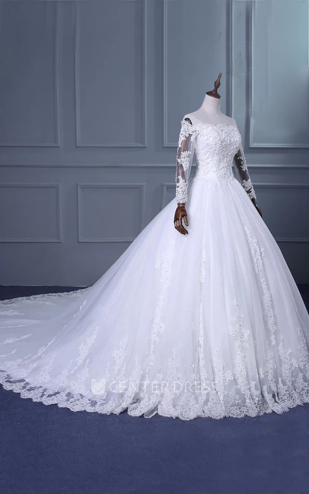 A-Line Ball Gown Tea-Length Off-The-Shoulder One-Shoulder Straps Long Sleeve Beading Appliques Brush Train Straps Tulle Lace Sequins Satin Dress