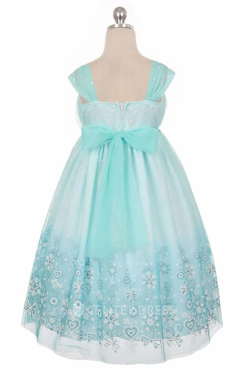 Tea-Length Floral Pleated Beaded Tulle&Satin Flower Girl Dress With Tiers