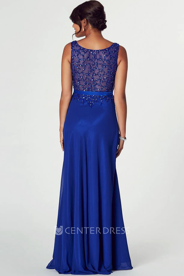 Floor-Length Mermaid Bateau Neck Sleeveless Beaded Chiffon Prom Dress