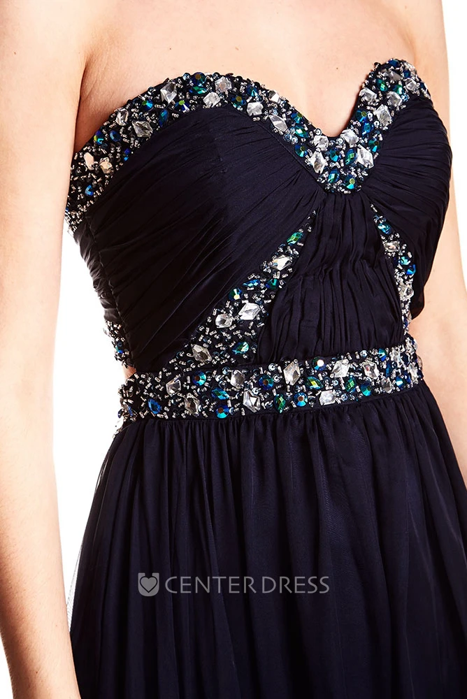 A-Line Sleeveless Beaded Sweetheart Floor-Length Chiffon Prom Dress With Backless Style