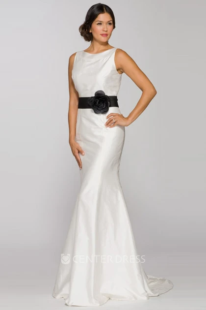 Sheath Jewel-Neck Sleeveless Floral Long Satin Wedding Dress With Bow