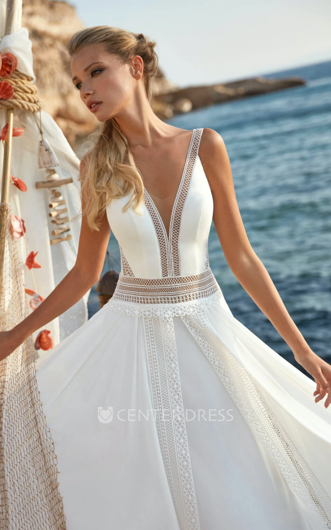 Chiffon Lace A-Line Warm Wedding Dress with Open Back and Floral Accents