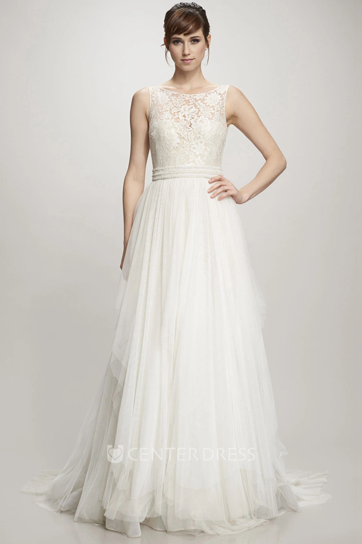 A-Line Sleeveless Appliqued Maxi Scoop Tulle&Lace Wedding Dress With Deep-V Back And Draping