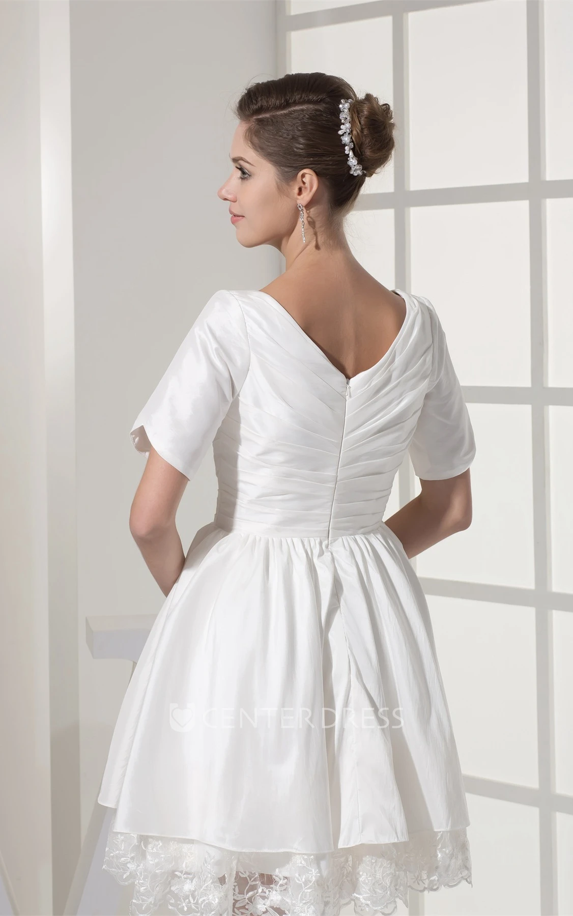 Mini-Sleeve Criss-Cross Short V-Neck Dress With Appliques