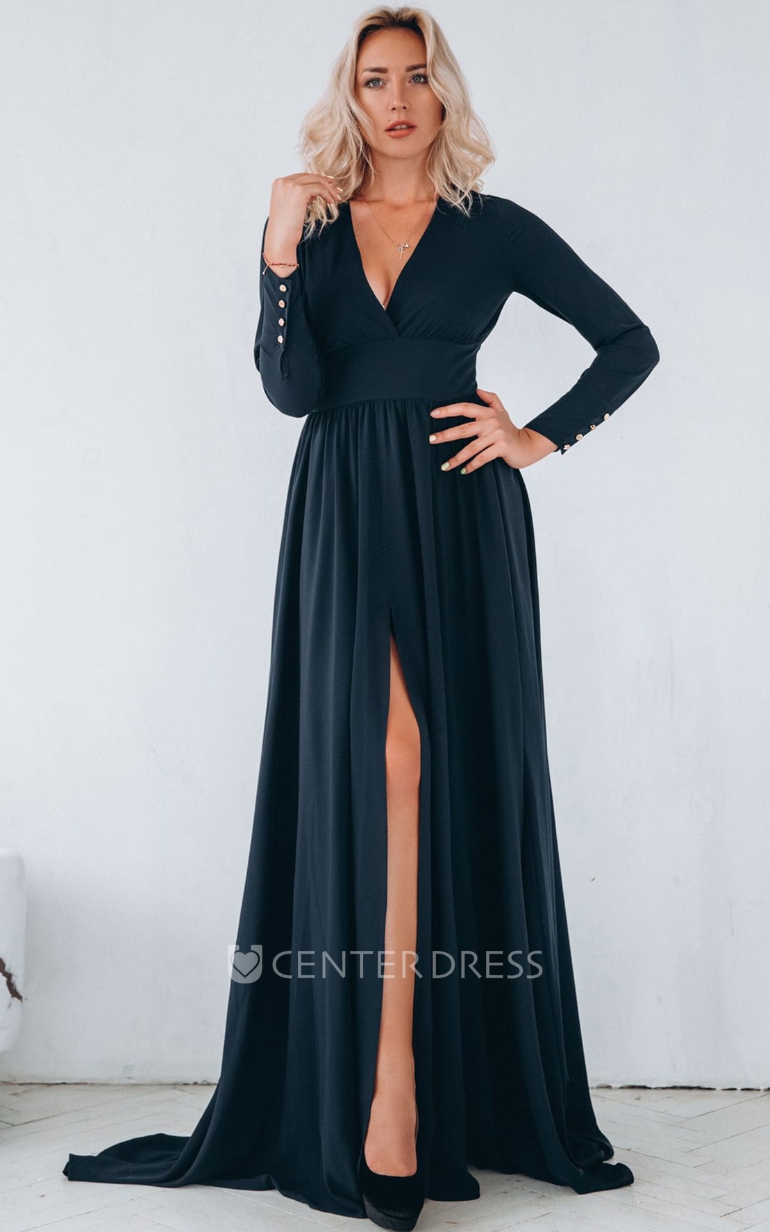 V-neck Sweep Train Evening Dress ...