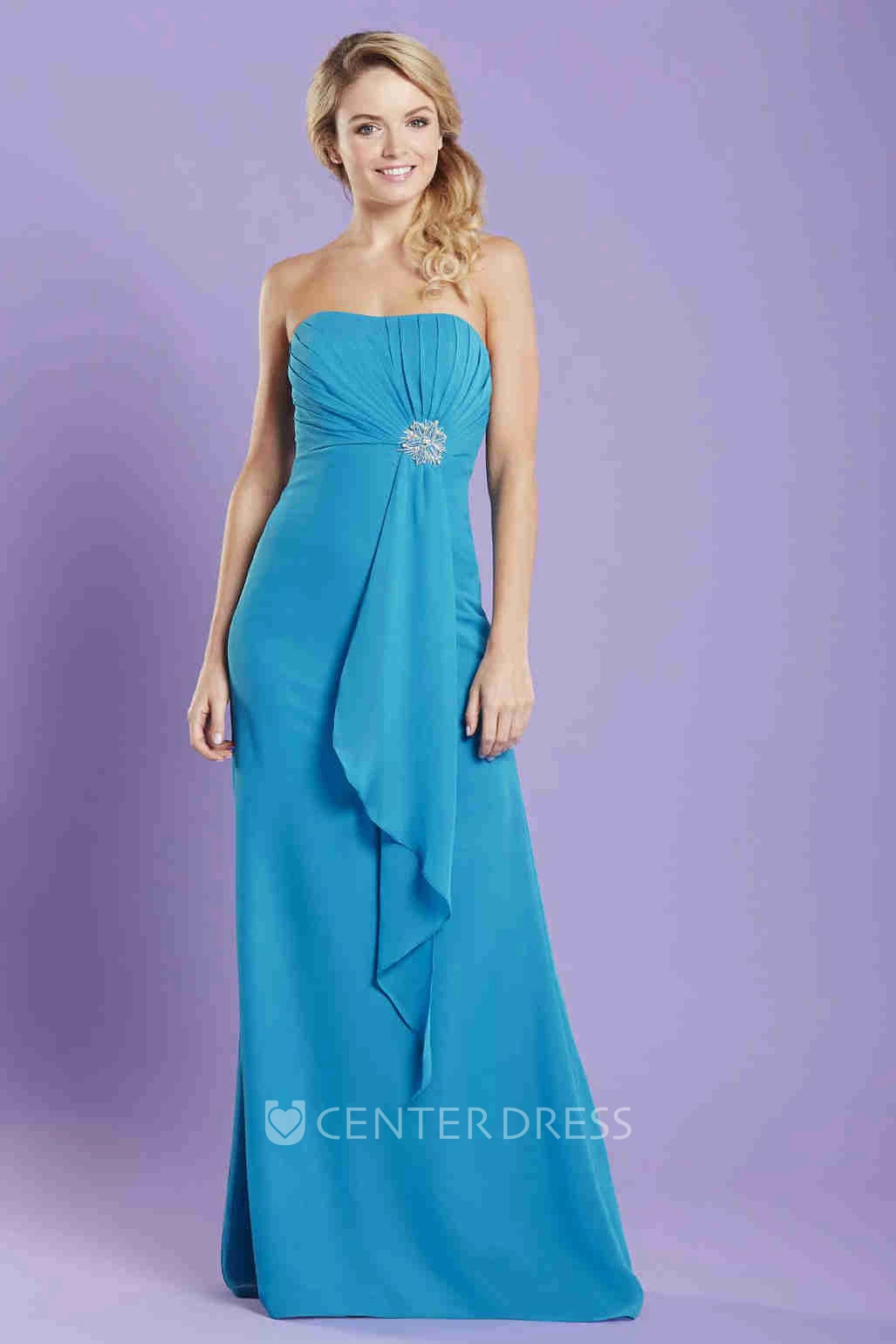 Strapless Draped Chiffon Bridesmaid Dress With Waist Jewellery And Lace-Up