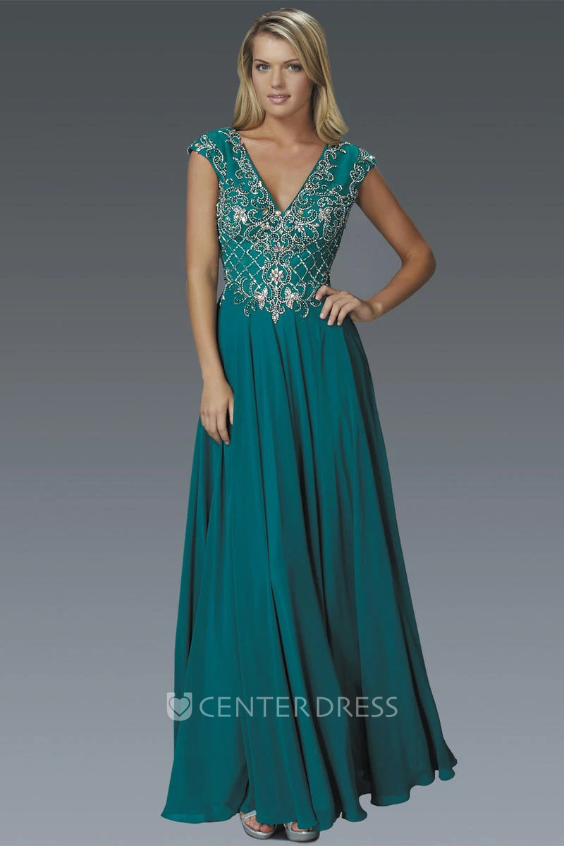 A-Line V-Neck Cap-Sleeve Chiffon Keyhole Dress With Beading And Pleats