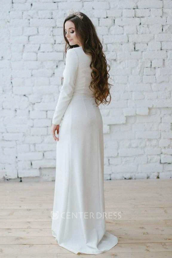 Bateau Long Sleeve Sheath Dress With Appliqued Waist