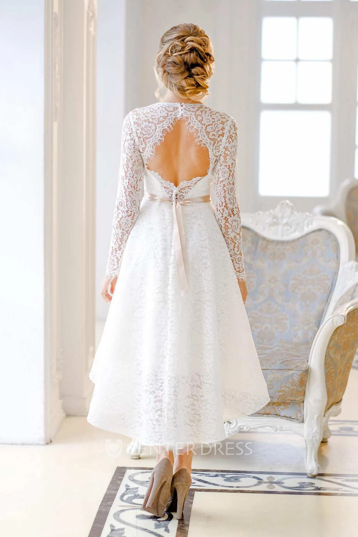 Short Mini Knee-Length Satin Lace Lace-Up Corset Back Wedding Dress