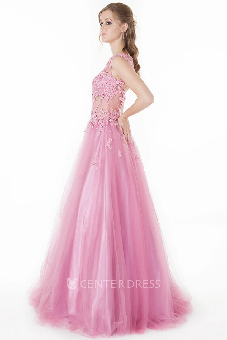 A-Line Jewel-Neck Appliqued Floor-Length Cap-Sleeve Tulle&Satin Prom Dress