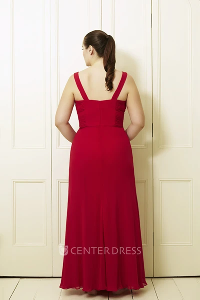 Maxi V-Neck Sleeveless Ruched Chiffon Plus Size Prom Dress With Broach