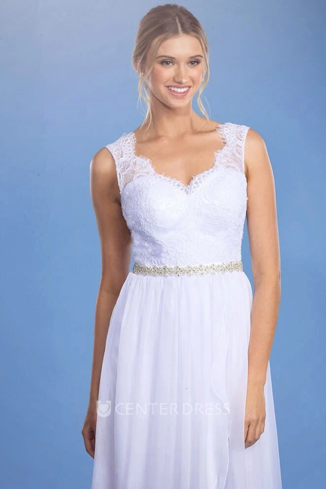 Sheath Floor-Length Sleeveless Lace V-Neck Wedding Dress With Draping