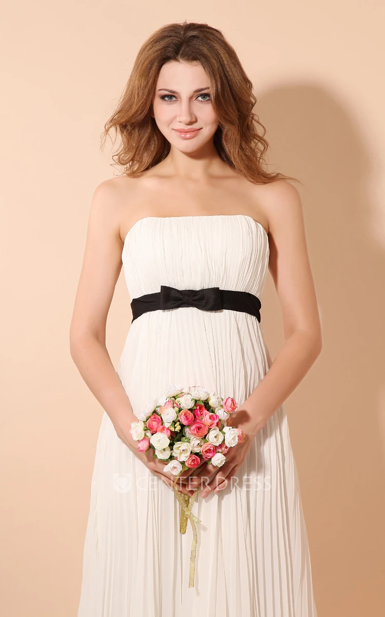 Strapless Chiffon Empire Dress With Draping And Satin Sash