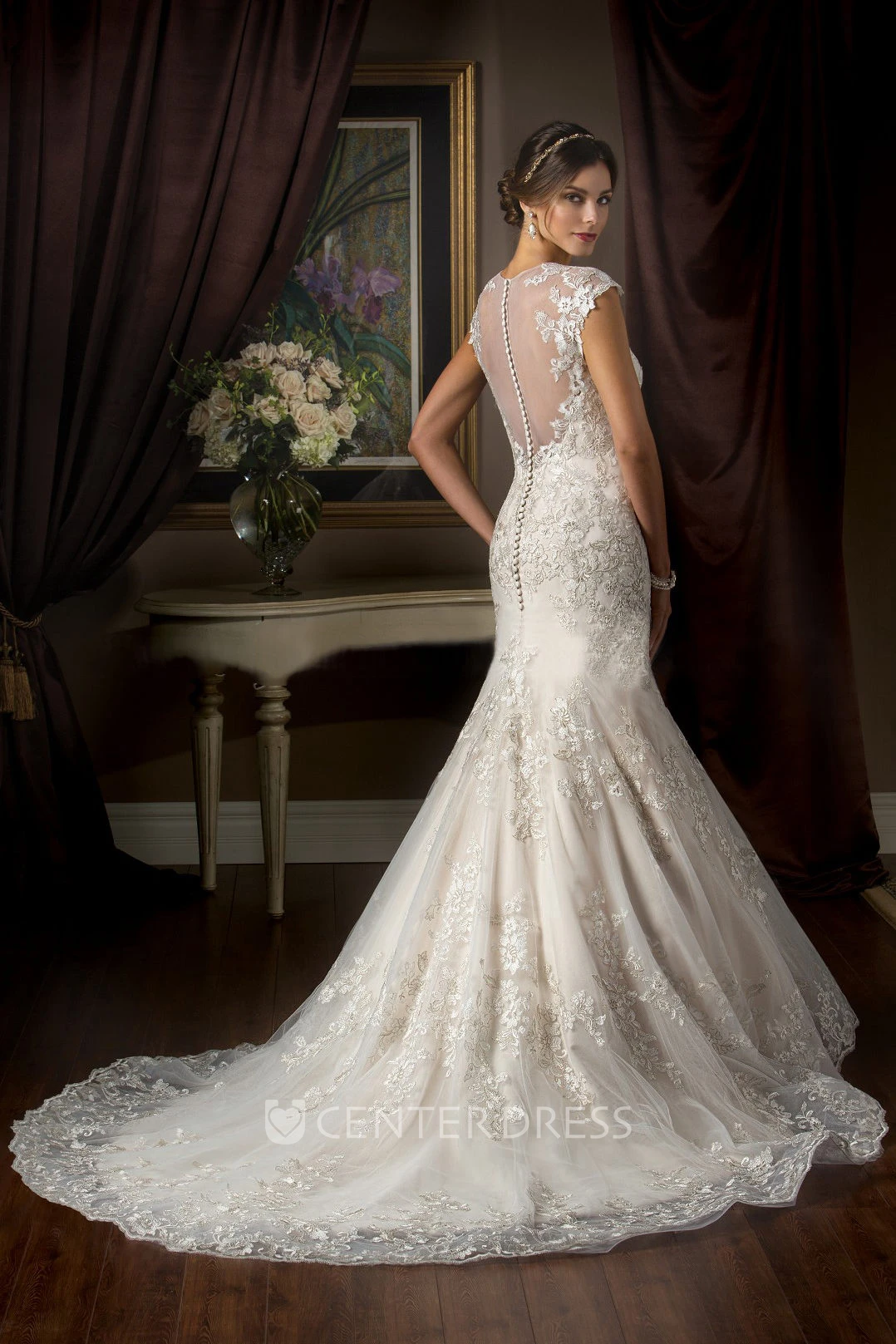 High-Neck Cap-Sleeved Mermaid Gown With Appliques And Illusion Back