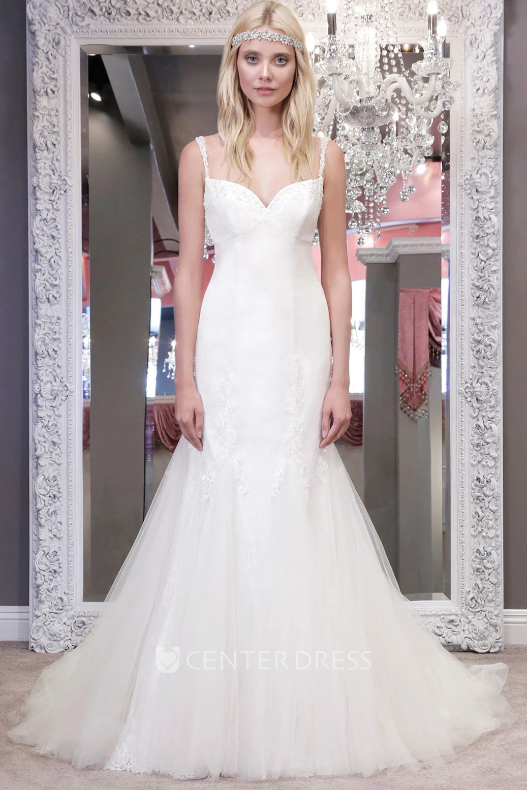 Mermaid Maxi Sleeveless Spaghetti Beaded Tulle Wedding Dress With Backless Style And Lace