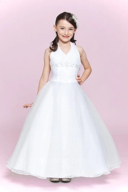 Flower Girl Halter Organza Ball Gown With Appliques
