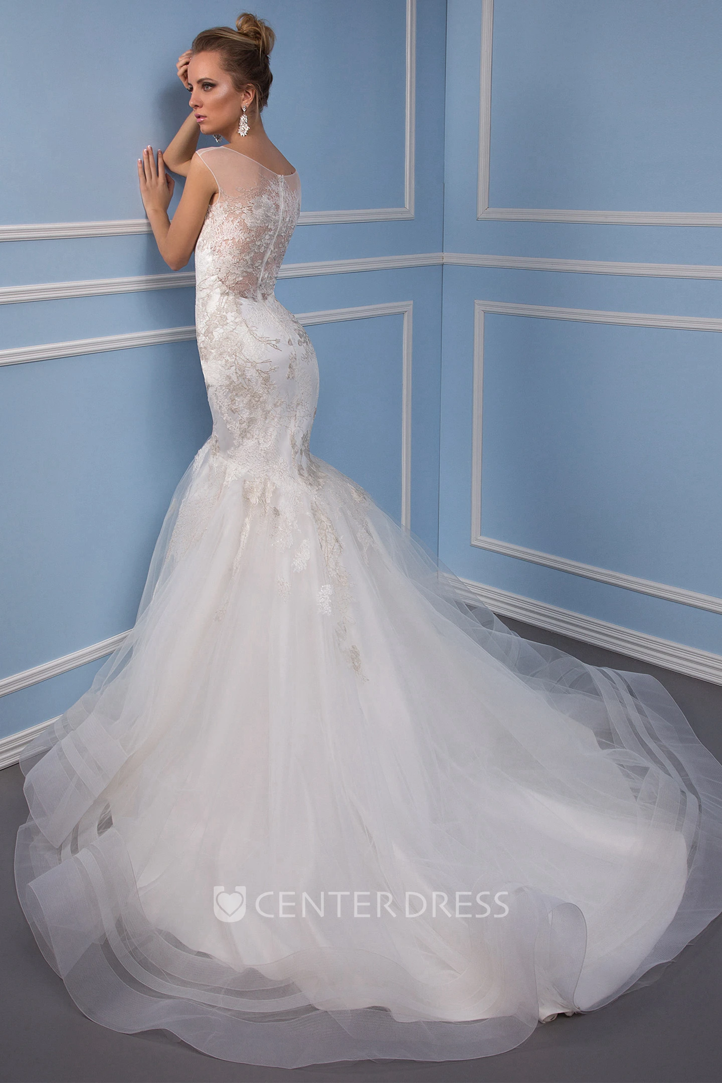 Trumpet Bateau Sleeveless Floor-Length Appliqued Tulle Wedding Dress With Illusion Back And Ruffles