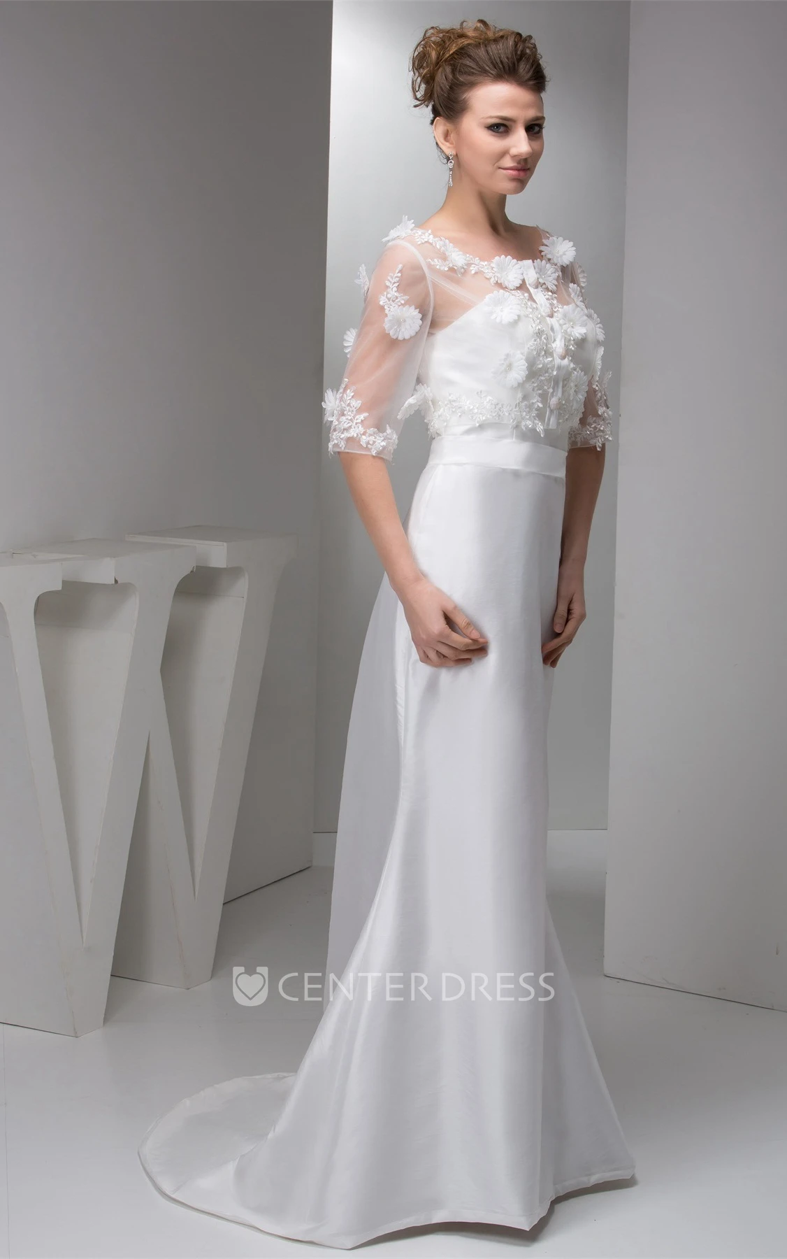 Floral Half-Sleeve Satin Mermaid Dress with Illusion Top