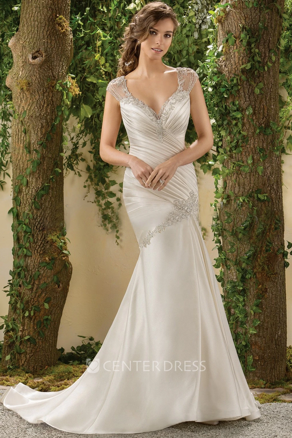Cap-Sleeved Mermaid Wedding Dress With Beadings And Deep V-Back