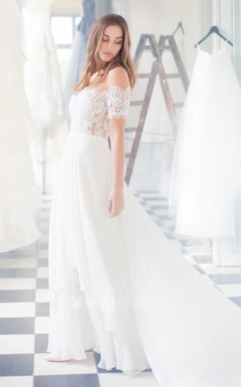 Simple Off-the-shoulder Lace A Line Sweep Train Spring Wedding Dress