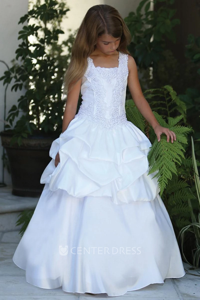 Knee-Length Appliqued Ruched Beaded Lace&Sequins Flower Girl Dress With Sequins