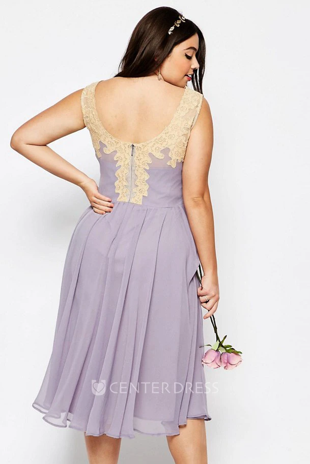 A-Line Pleated Tea-Length Jewel-Neck Sleeveless Chiffon Bridesmaid Dress