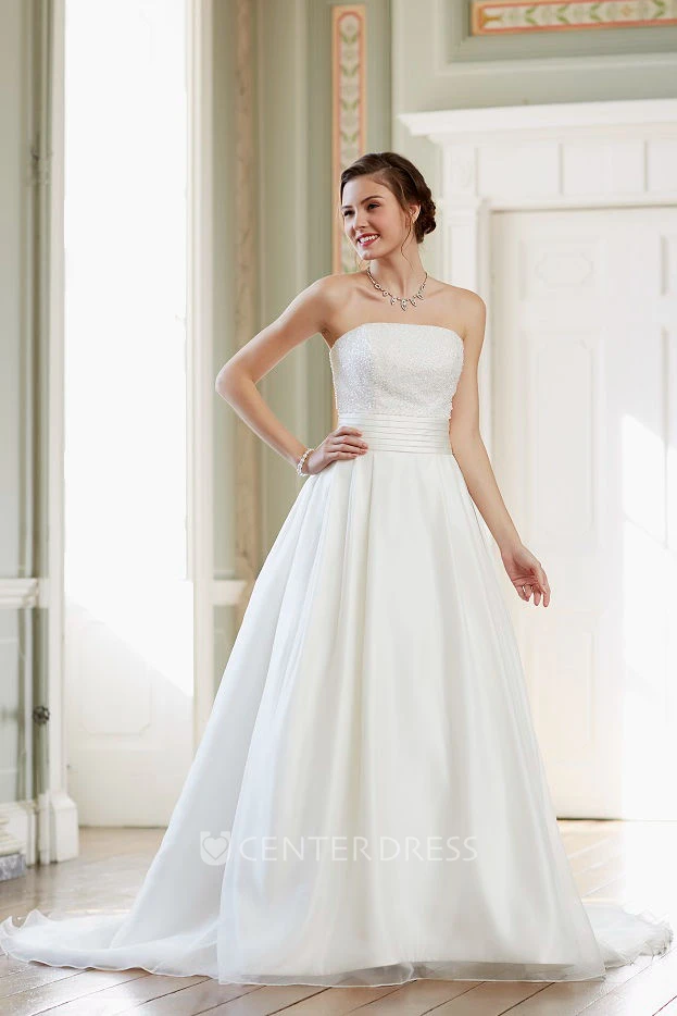 A-Line Beaded Strapless Sleeveless Long Satin Wedding Dress With Backless Style And Court Train