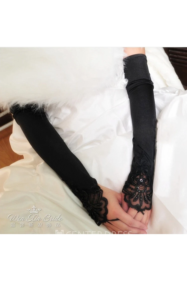 Plus Long White Beaded Satin Hook Elastic Satin Gloves