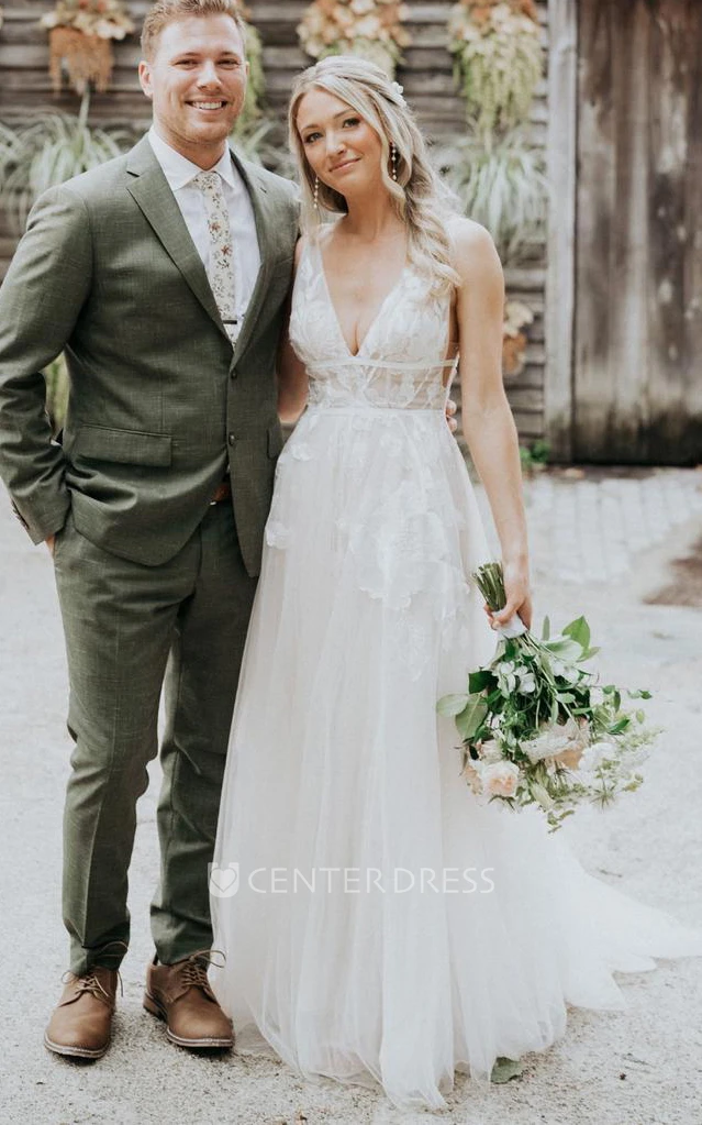 Country V-Neck Illusion Straps Elegant Mesh Floor Length Trailing Wedding Dress