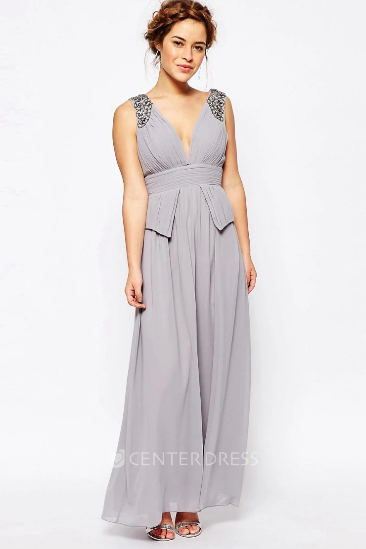 A-Line Ruched Ankle-Length V-Neck Sleeveless Chiffon Bridesmaid Dress With Beading