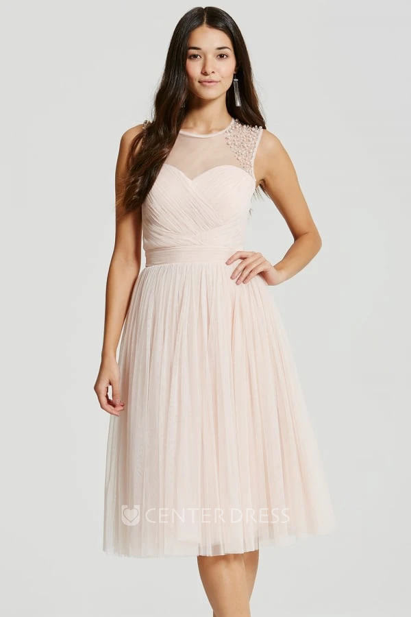 Tea-Length Sleeveless Scoop Neck Beaded Tulle Bridesmaid Dress