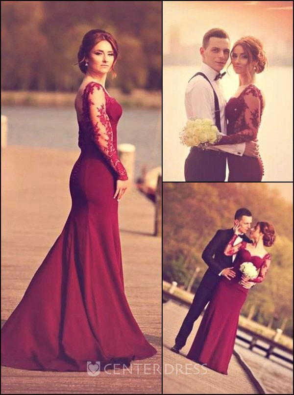 Illusion Long Sleeve Floor-length Sheath Sweetheart Satin Lace Dress